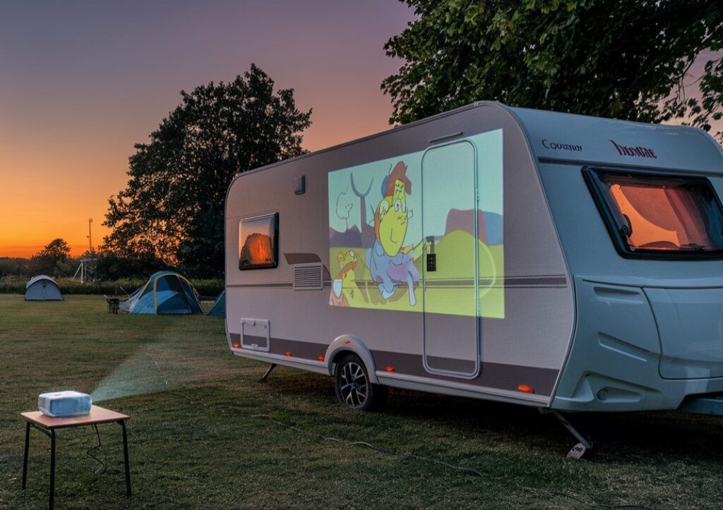 camping projector on caravan
