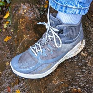 top view of a Keen Zionic boot resting on a log