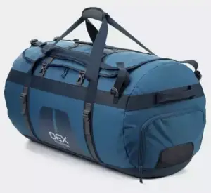 a blue duffel bag style holdall with black trim