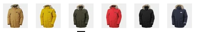 an image of a winter parka jacket in 6 different colours. Brunette Brown, Straw, Utility Green, Red, Black, Navy