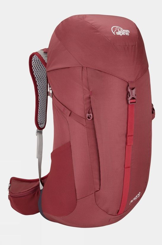 a red rucksak with lowe alpine written on the top pocket cover. 