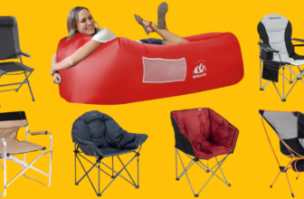 an image of 7 different types of folding camping chairs with a bright yellow background