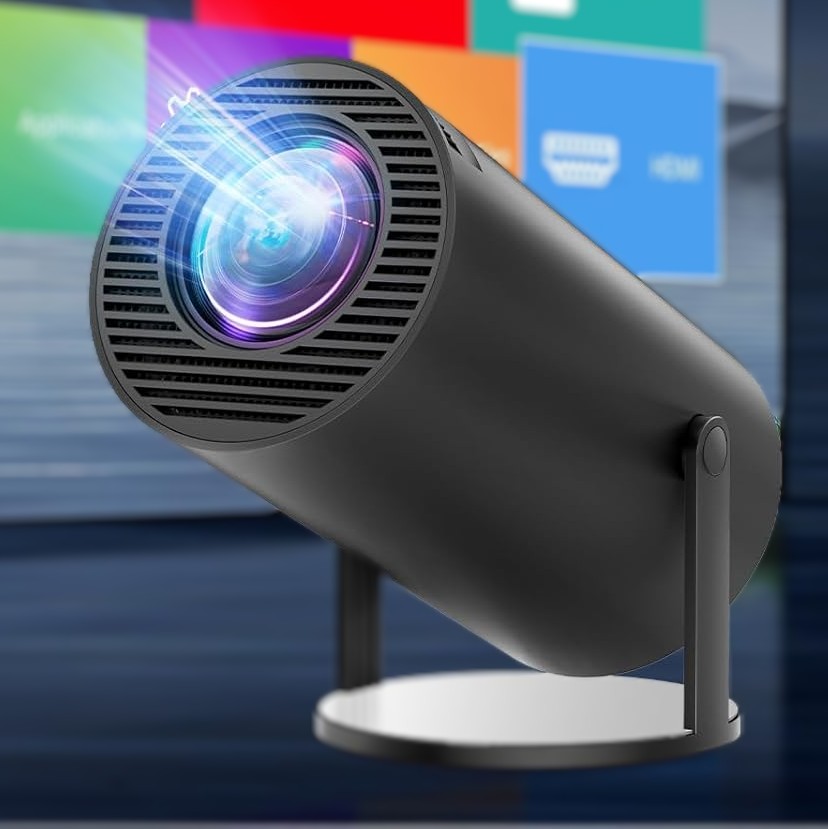 a black cyinder shaped small projector on a stand with a circular base