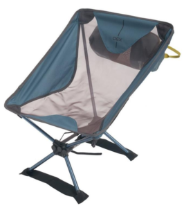 a blue and grey mesh chair with aluminium frame that is ultra lightweight and packable