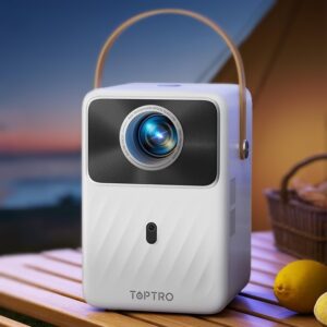 a small white cube shaped projector with a tan leather carry strap
