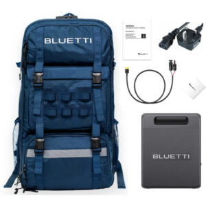 an image showing all the items that arrive when ordering a Bluetti Handsfree power station. Included is the blue backpack, slimline power station, solar - DC charging cable, AC charging cable and instructions with guarantee card.