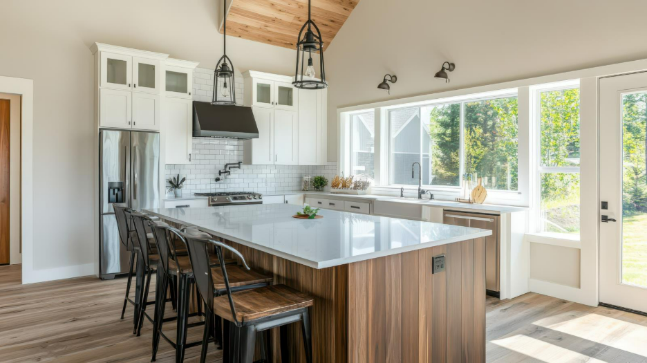 a white bright kitchen that looks out into the wilderness