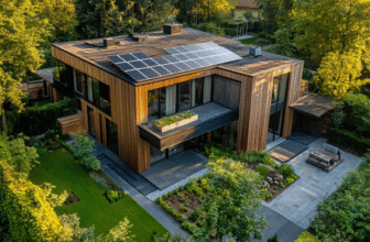a wooden house with solar panels and renewable energy