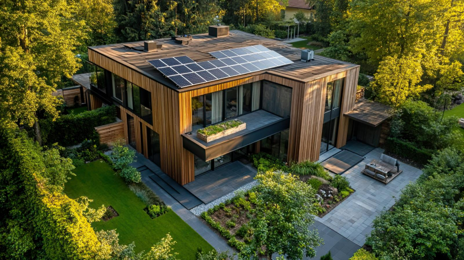 a wooden house with solar panels and renewable energy