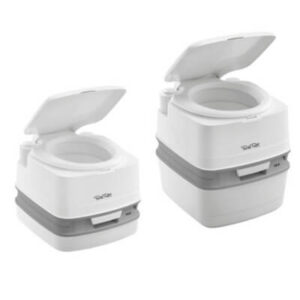 Both of the Thetford Porta Potti portable camping toilets in the 100 range side by side for comparison purposes. the background is white