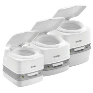 all 3 of the Thetford Porta Potti portable camping toilets in the 300 range side by side for comparison purposes. the background is white