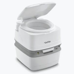 Thetford Porta Potti Qube 365 Camping Toilet with an open lid on a white background
