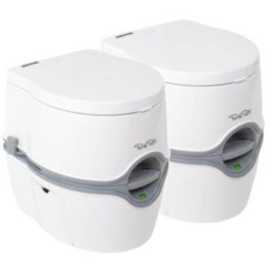 the thetford porta potti 565P & 565E next to each other on a white background