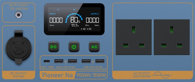 the front control panel of the Bluetti Pioneer Na showing all the input and output ports and power displays
