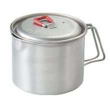 atitanium ultra lightweight camping kettlte with two handles and a red handle on the top