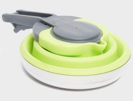 a lime green collapsible kettle with a grey handle made from silicone in its collapsed state
