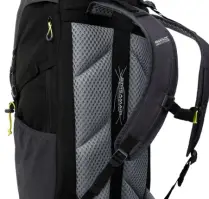 the grey padding on the back of a black rucksack