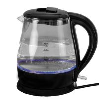 an electric kettle with clear glass container and black trim