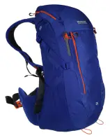 a blue daypack with orange trim