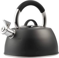 a matt black whistling kettle with black cool grip on the handle