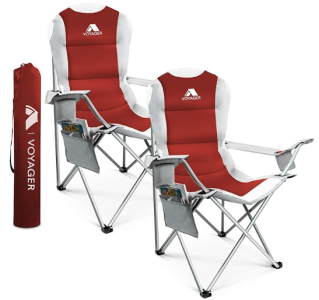 two folding camping chair with grey and red material. they also have a red back for storage when folded. this image has a white background