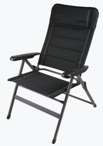 a black folding camping chair with a white background. the chair has a headrest and can be adjusted to lean back.