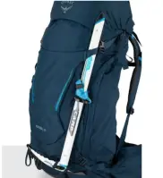 a blue rucksack with an axe attached