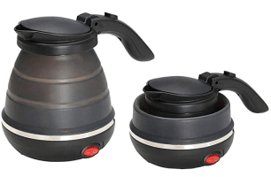 a matt black collapsible electric kettle with a white line around perimiter and a red LED power button