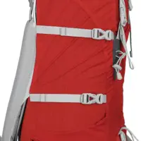 a red rucksack with grey compression straps